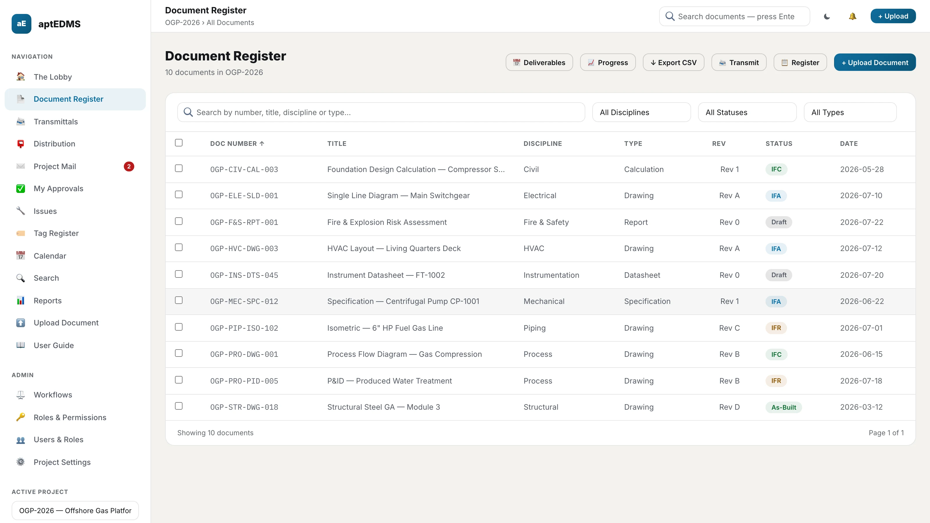Document register for project OGP-2026: a filterable table of ten documents with discipline, type, revision and status pill columns