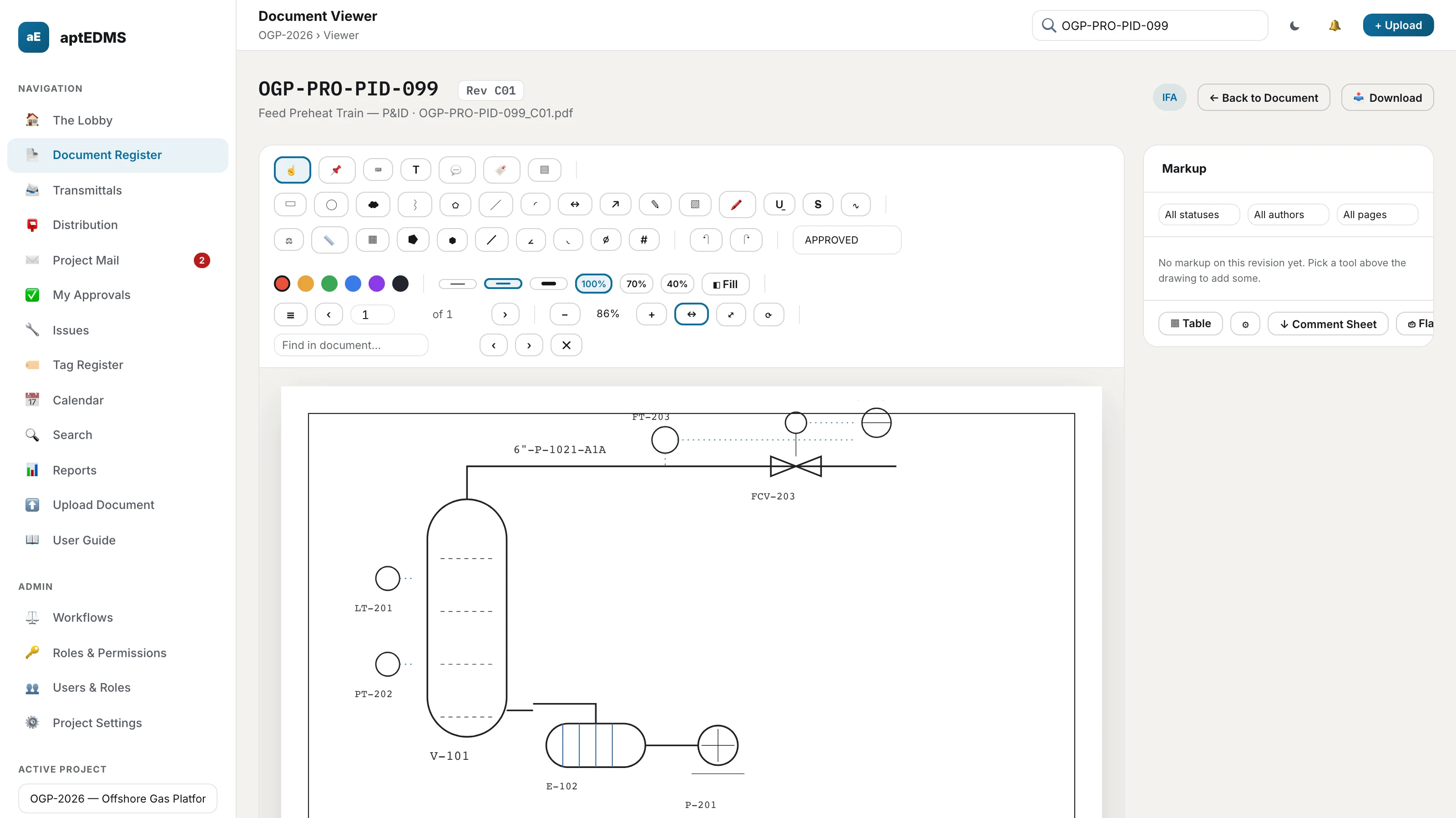 Document viewer for a P&ID with the markup toolbar open: comment, measure, stamp and shape tools, page controls, and a status pill reading IFA